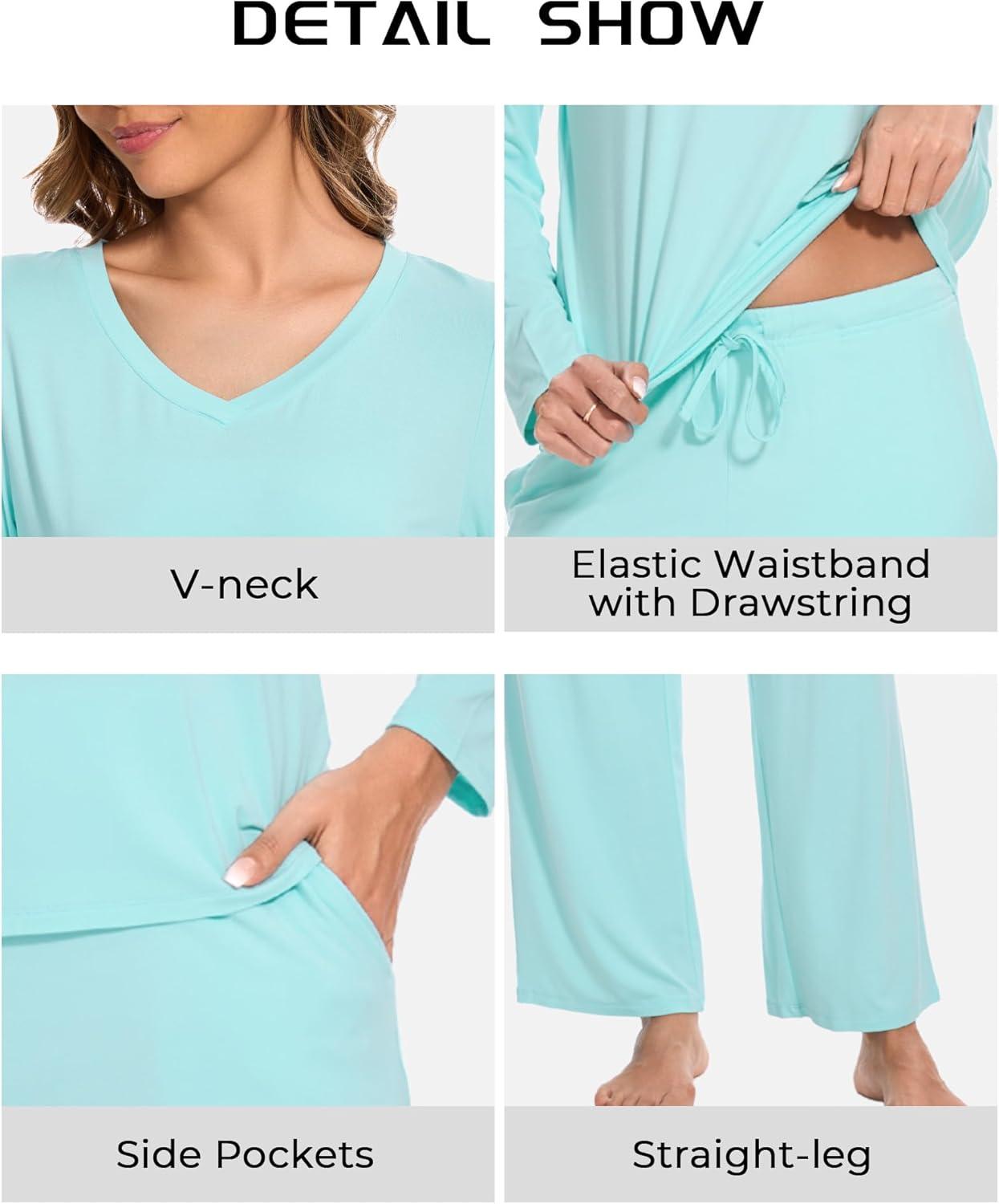 imageGYS Womens Pajama Sets Long Sleeve Sleepwear Comfy 2 Piece Ladies Pj Sleep Set Viscose Made from BambooB Aqua