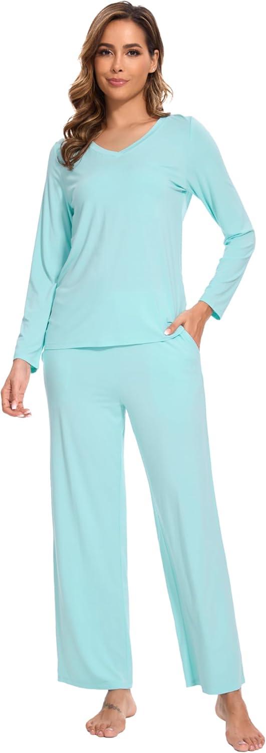 imageGYS Womens Pajama Sets Long Sleeve Sleepwear Comfy 2 Piece Ladies Pj Sleep Set Viscose Made from BambooB Aqua