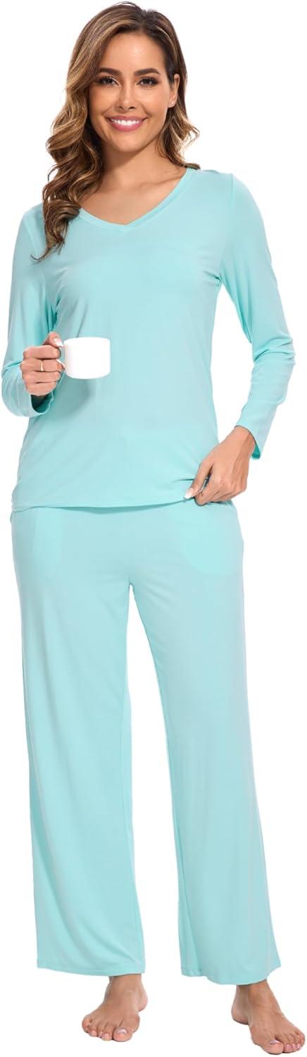 imageGYS Womens Pajama Sets Long Sleeve Sleepwear Comfy 2 Piece Ladies Pj Sleep Set Viscose Made from BambooB Aqua