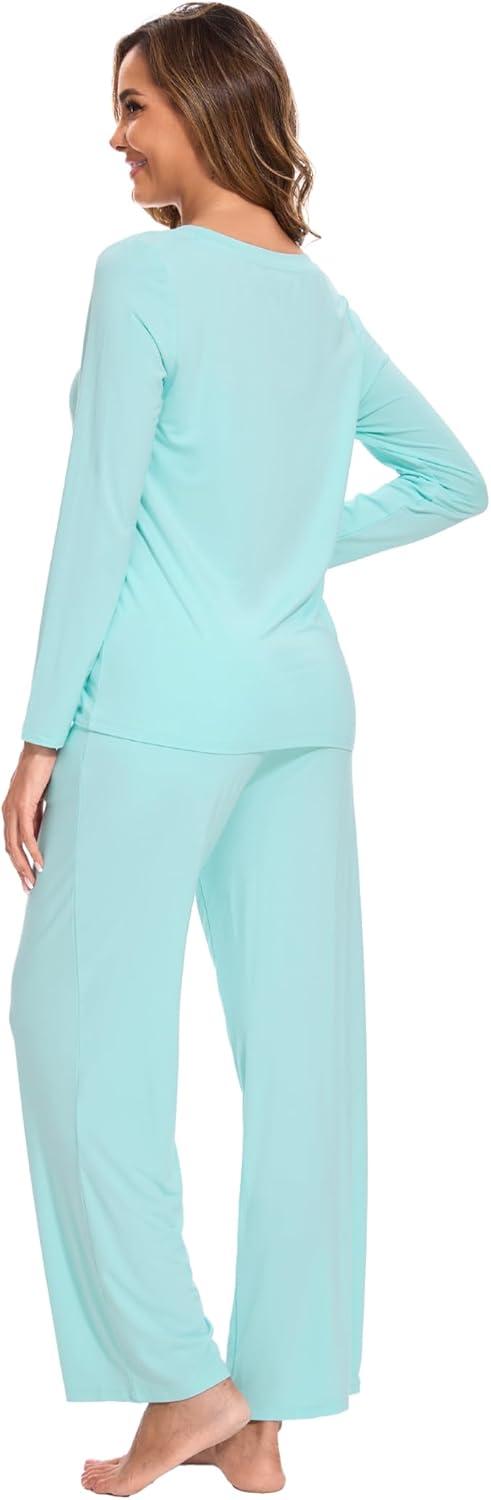 imageGYS Womens Pajama Sets Long Sleeve Sleepwear Comfy 2 Piece Ladies Pj Sleep Set Viscose Made from BambooB Aqua