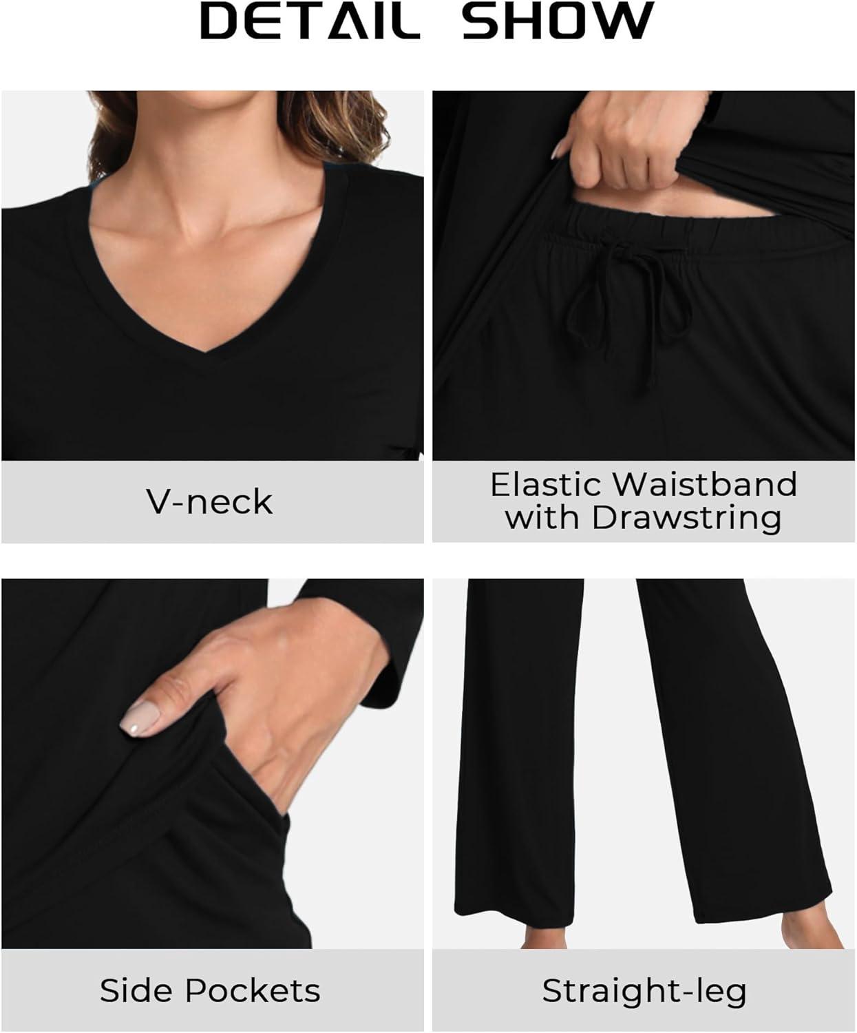 imageGYS Womens Pajama Sets Long Sleeve Sleepwear Comfy 2 Piece Ladies Pj Sleep Set Viscose Made from BambooB Black