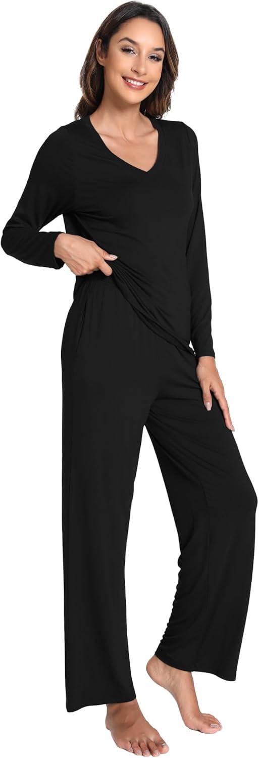 imageGYS Womens Pajama Sets Long Sleeve Sleepwear Comfy 2 Piece Ladies Pj Sleep Set Viscose Made from BambooB Black
