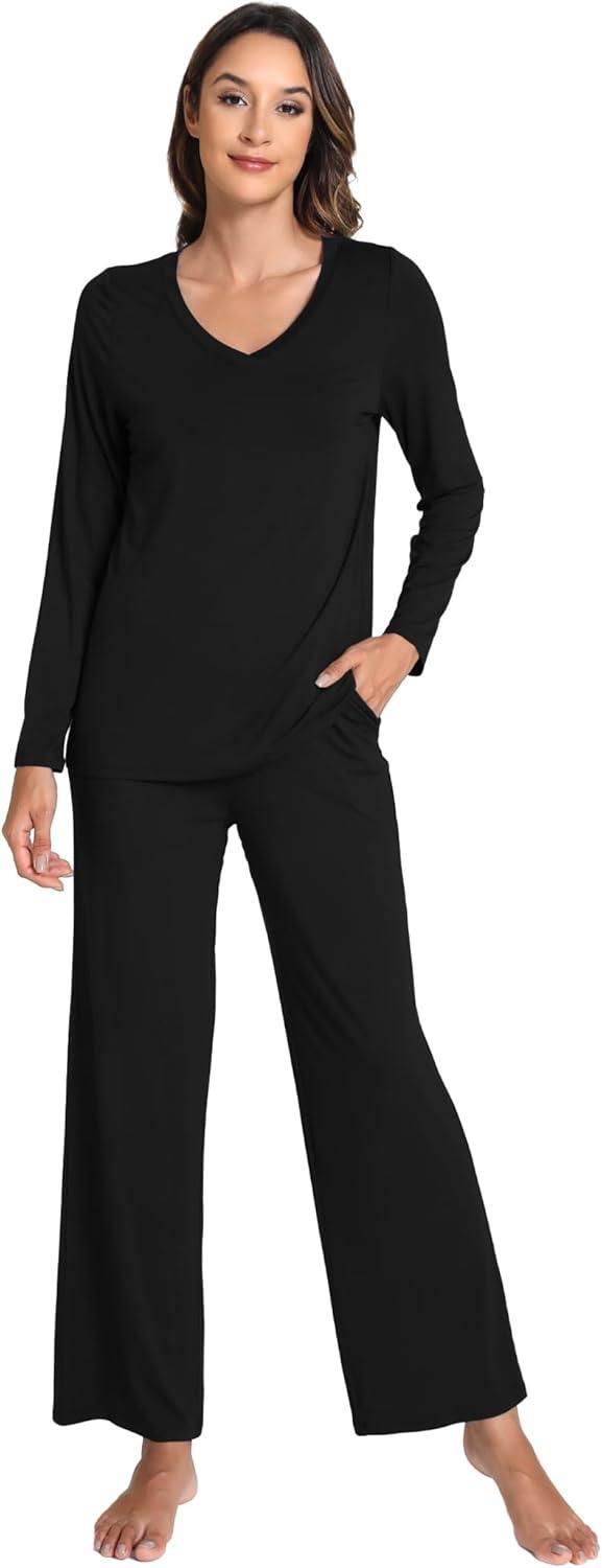 imageGYS Womens Pajama Sets Long Sleeve Sleepwear Comfy 2 Piece Ladies Pj Sleep Set Viscose Made from BambooB Black