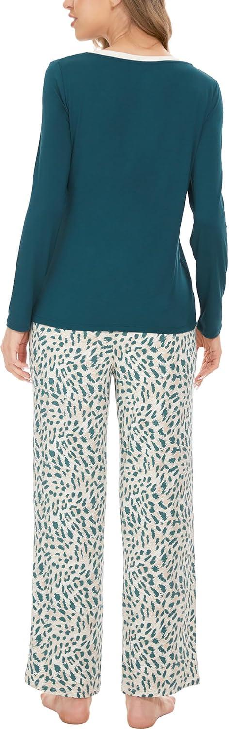 imageGYS Womens Pajama Sets Long Sleeve Sleepwear Comfy 2 Piece Ladies Pj Sleep Set Viscose Made from BambooB Green Leopard