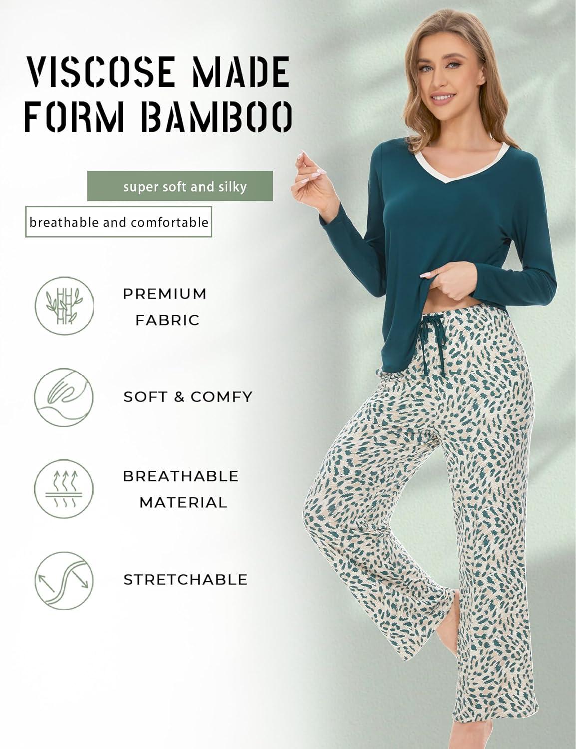 imageGYS Womens Pajama Sets Long Sleeve Sleepwear Comfy 2 Piece Ladies Pj Sleep Set Viscose Made from BambooB Green Leopard