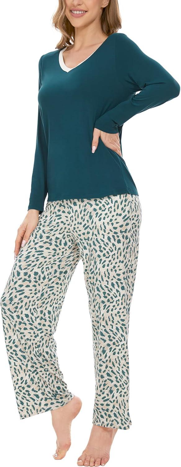 imageGYS Womens Pajama Sets Long Sleeve Sleepwear Comfy 2 Piece Ladies Pj Sleep Set Viscose Made from BambooB Green Leopard