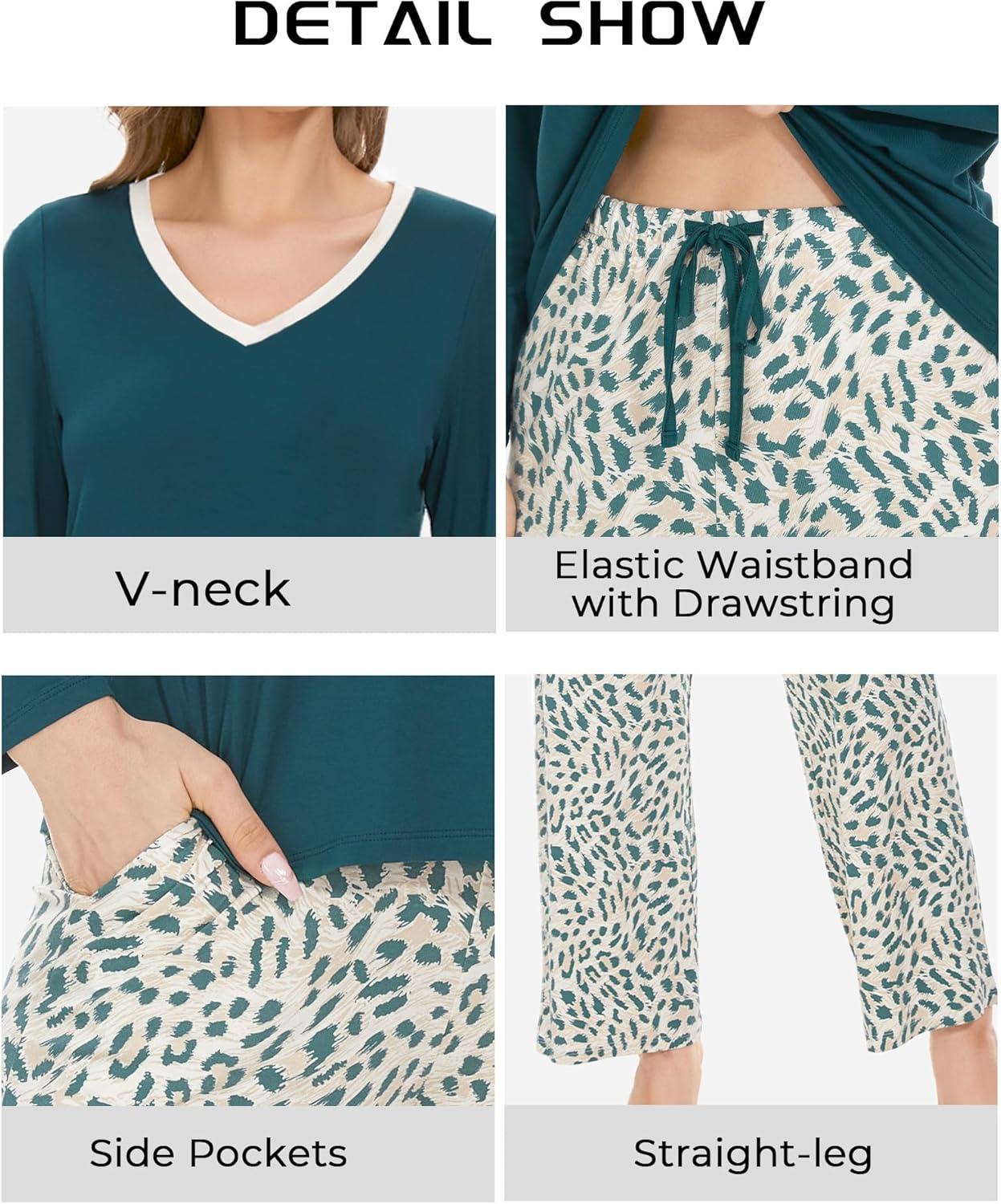imageGYS Womens Pajama Sets Long Sleeve Sleepwear Comfy 2 Piece Ladies Pj Sleep Set Viscose Made from BambooB Green Leopard