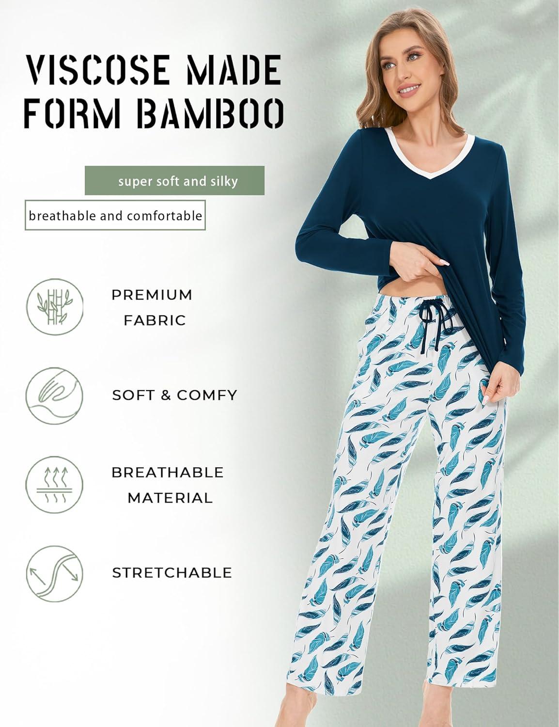 imageGYS Womens Pajama Sets Long Sleeve Sleepwear Comfy 2 Piece Ladies Pj Sleep Set Viscose Made from BambooB Ink Blue Feather