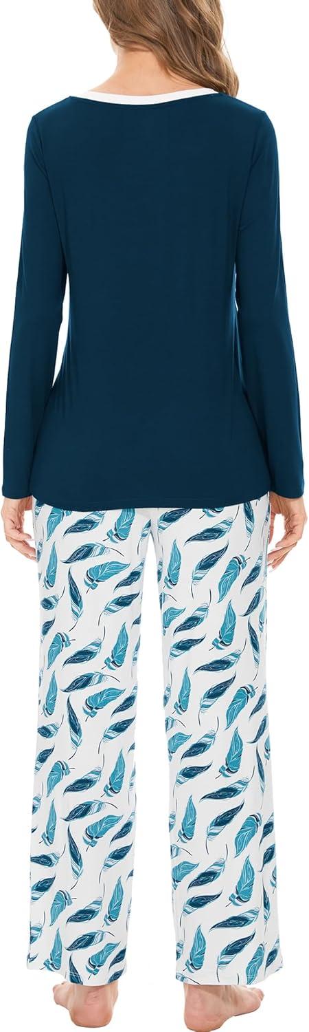 imageGYS Womens Pajama Sets Long Sleeve Sleepwear Comfy 2 Piece Ladies Pj Sleep Set Viscose Made from BambooB Ink Blue Feather
