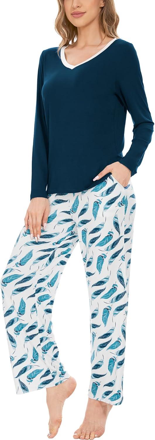 imageGYS Womens Pajama Sets Long Sleeve Sleepwear Comfy 2 Piece Ladies Pj Sleep Set Viscose Made from BambooB Ink Blue Feather