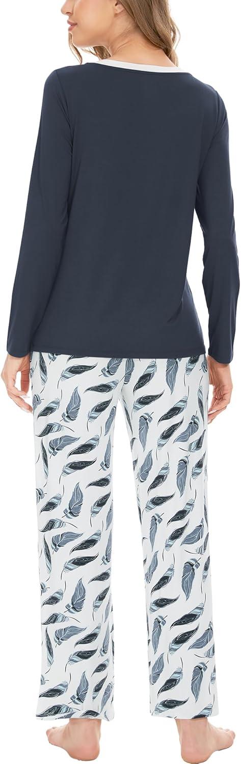imageGYS Womens Pajama Sets Long Sleeve Sleepwear Comfy 2 Piece Ladies Pj Sleep Set Viscose Made from BambooB Midnight Blue Feather