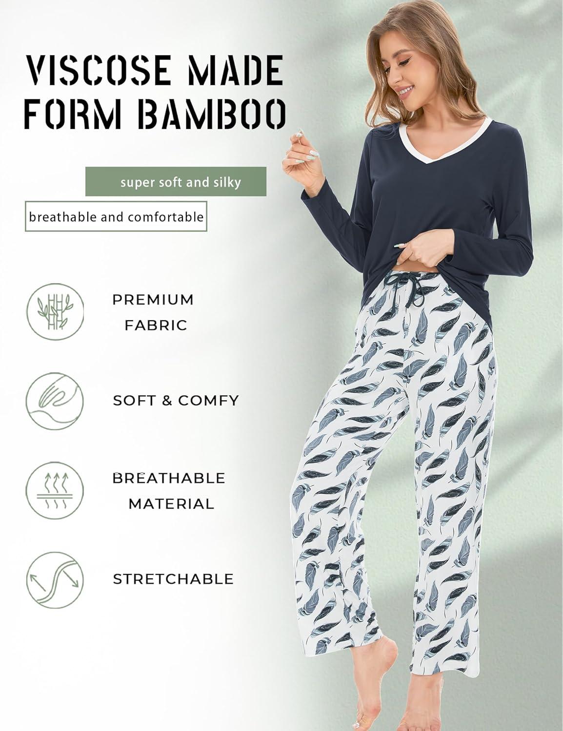 imageGYS Womens Pajama Sets Long Sleeve Sleepwear Comfy 2 Piece Ladies Pj Sleep Set Viscose Made from BambooB Midnight Blue Feather