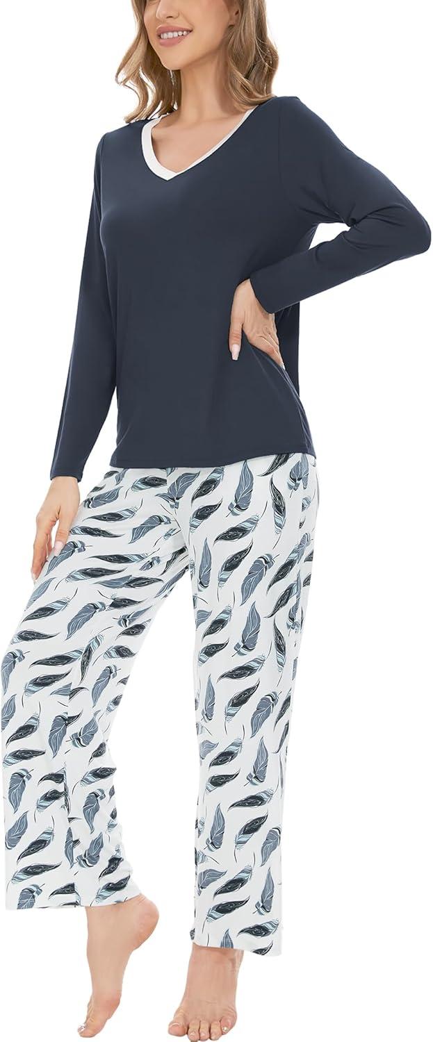 imageGYS Womens Pajama Sets Long Sleeve Sleepwear Comfy 2 Piece Ladies Pj Sleep Set Viscose Made from BambooB Midnight Blue Feather