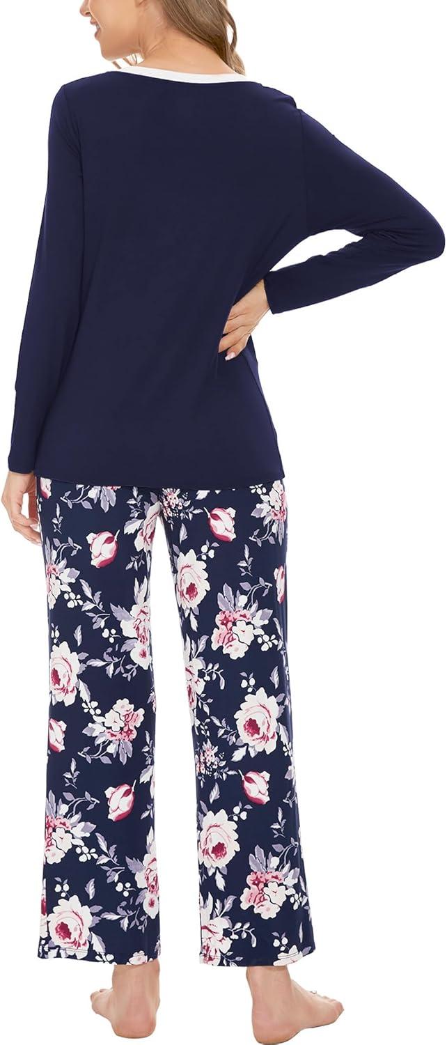 imageGYS Womens Pajama Sets Long Sleeve Sleepwear Comfy 2 Piece Ladies Pj Sleep Set Viscose Made from BambooB Navy Peony