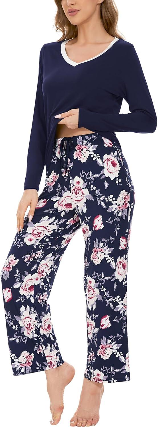 imageGYS Womens Pajama Sets Long Sleeve Sleepwear Comfy 2 Piece Ladies Pj Sleep Set Viscose Made from BambooB Navy Peony