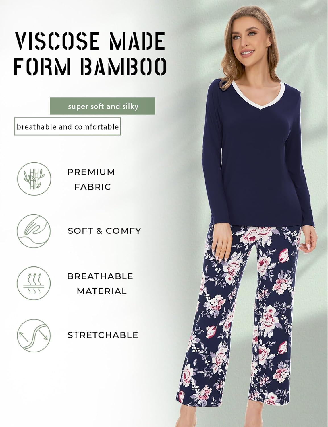 imageGYS Womens Pajama Sets Long Sleeve Sleepwear Comfy 2 Piece Ladies Pj Sleep Set Viscose Made from BambooB Navy Peony