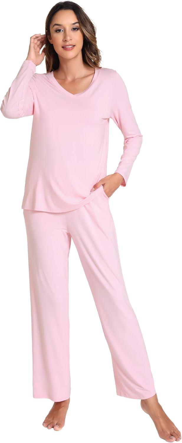 imageGYS Womens Pajama Sets Long Sleeve Sleepwear Comfy 2 Piece Ladies Pj Sleep Set Viscose Made from BambooB Pink
