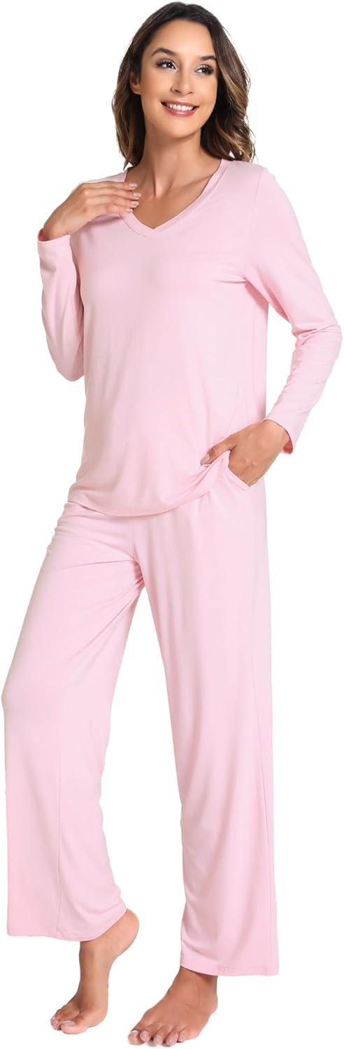 imageGYS Womens Pajama Sets Long Sleeve Sleepwear Comfy 2 Piece Ladies Pj Sleep Set Viscose Made from BambooB Pink
