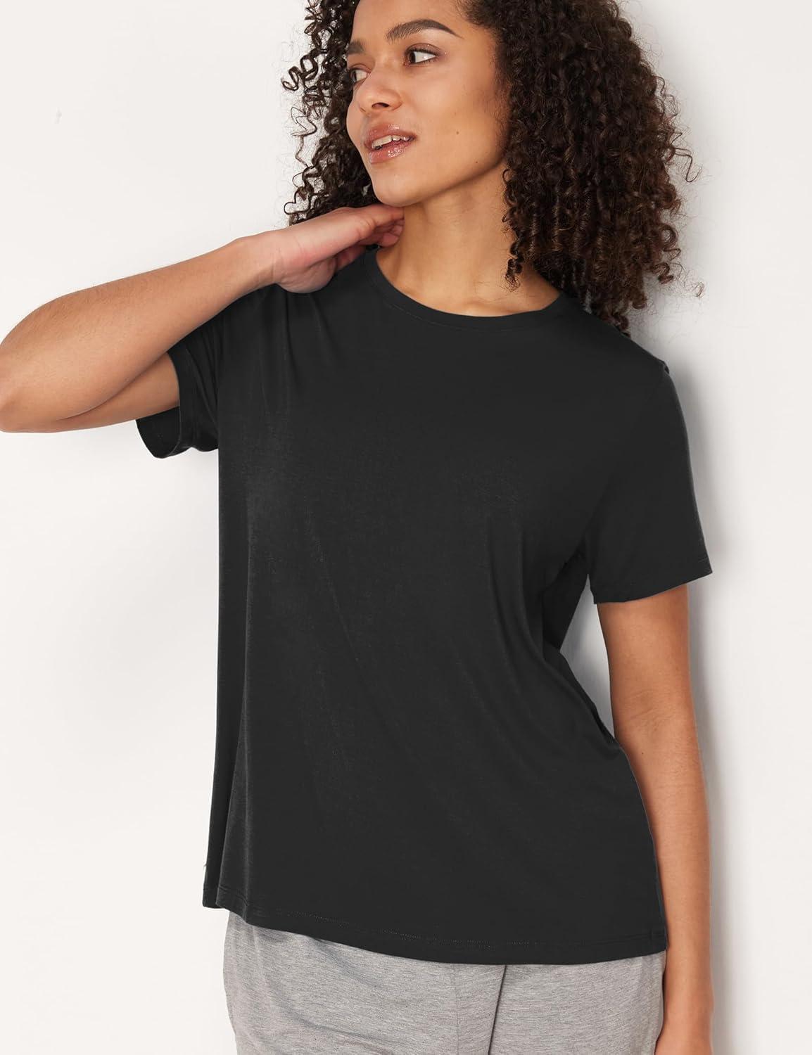 imageGYS Womens Pajama Tops Bambooderived Viscose Soft Comfy Short Sleeve Basic Lounge TopsBlack