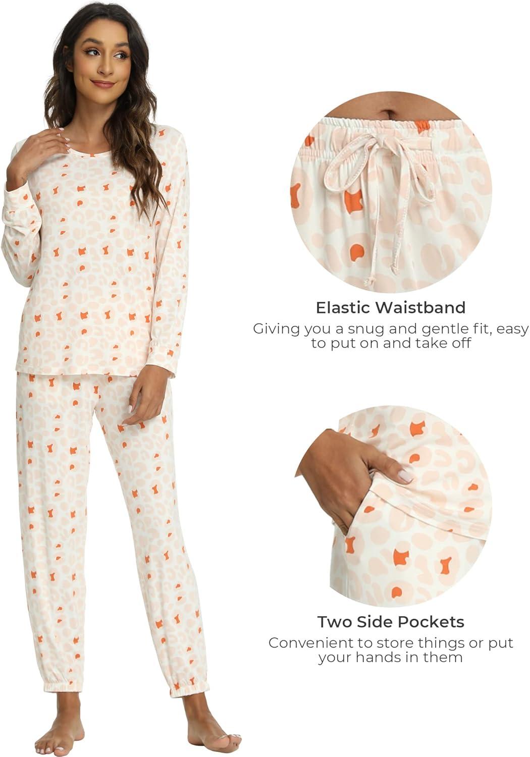 imageGYS Womens Pajamas Set Viscose Made from Bamboo Long Sleeve Sleepwear Tops with Jogger Pants Lounge Pjs SetsCoral Leopard