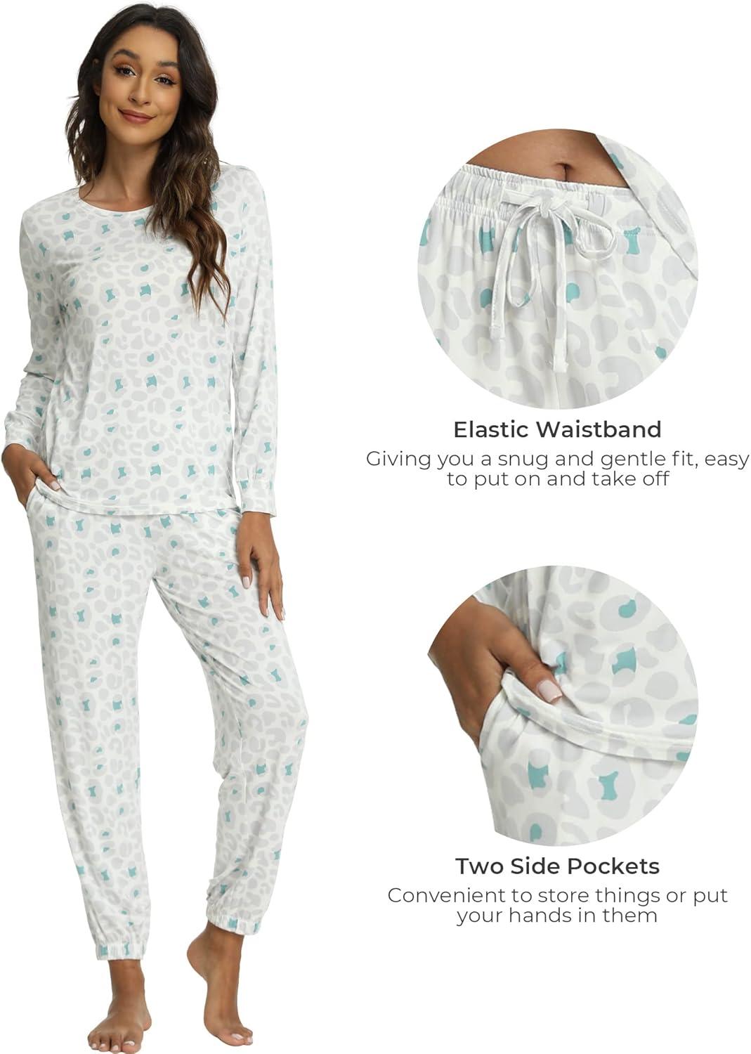 imageGYS Womens Pajamas Set Viscose Made from Bamboo Long Sleeve Sleepwear Tops with Jogger Pants Lounge Pjs SetsGrey Leopard