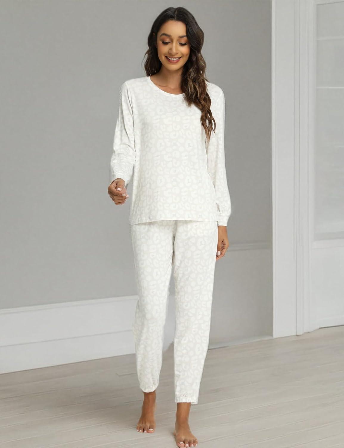 imageGYS Womens Pajamas Set Viscose Made from Bamboo Long Sleeve Sleepwear Tops with Jogger Pants Lounge Pjs SetsOat Leopard