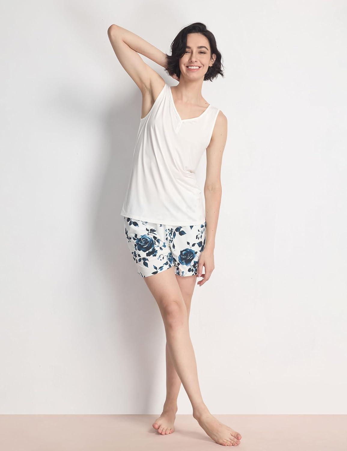 imageGYS Womens Pajamas Set Bamboo Viscose Short Sleeve Top and Shorts 2 Piece Summer SleepwearBlue Rose