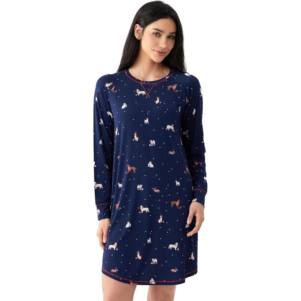 imageBamboo Viscose Nightgowns for Women Long Sleeve Crew Neck Soft SleepwearNavy Christmas Puppy