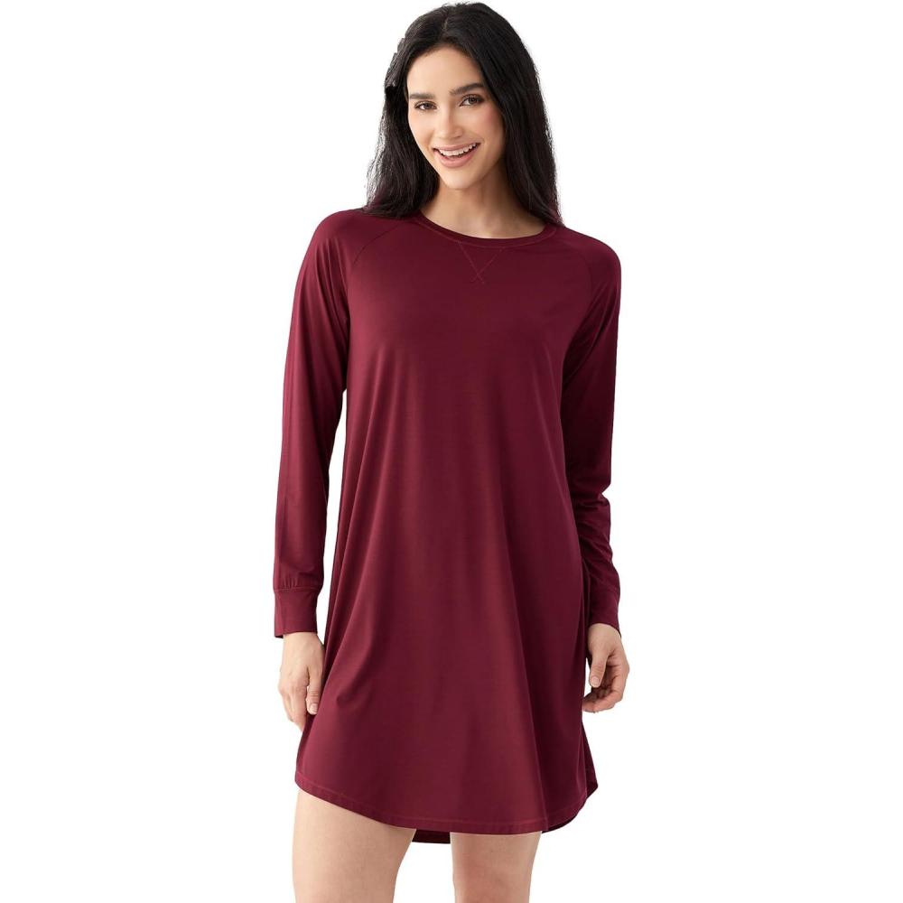 imageBamboo Viscose Nightgowns for Women Long Sleeve Crew Neck Soft SleepwearWine Red