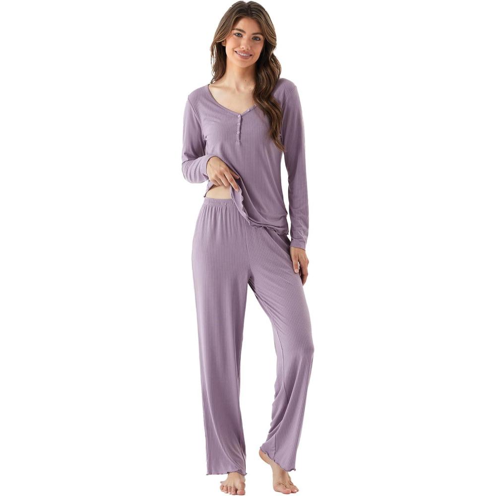 imageBamboo Viscose Womens Pajama Sets Long Sleeve V Neck SleepwearViolet