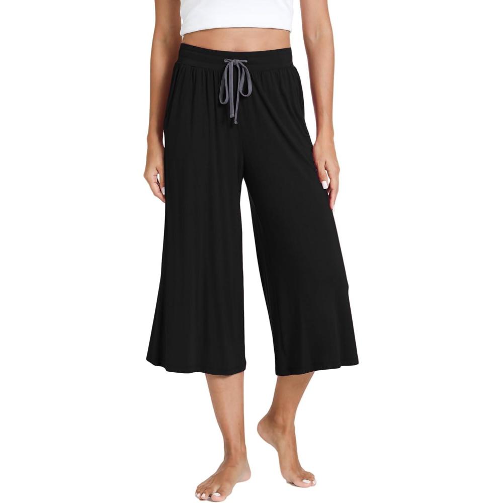 imageGYS Bamboo Viscose Capri Pants for Women Wide Leg Pajama Lounge Pants with Pockets Comfy Loose Cropped Yoga PantsBlack