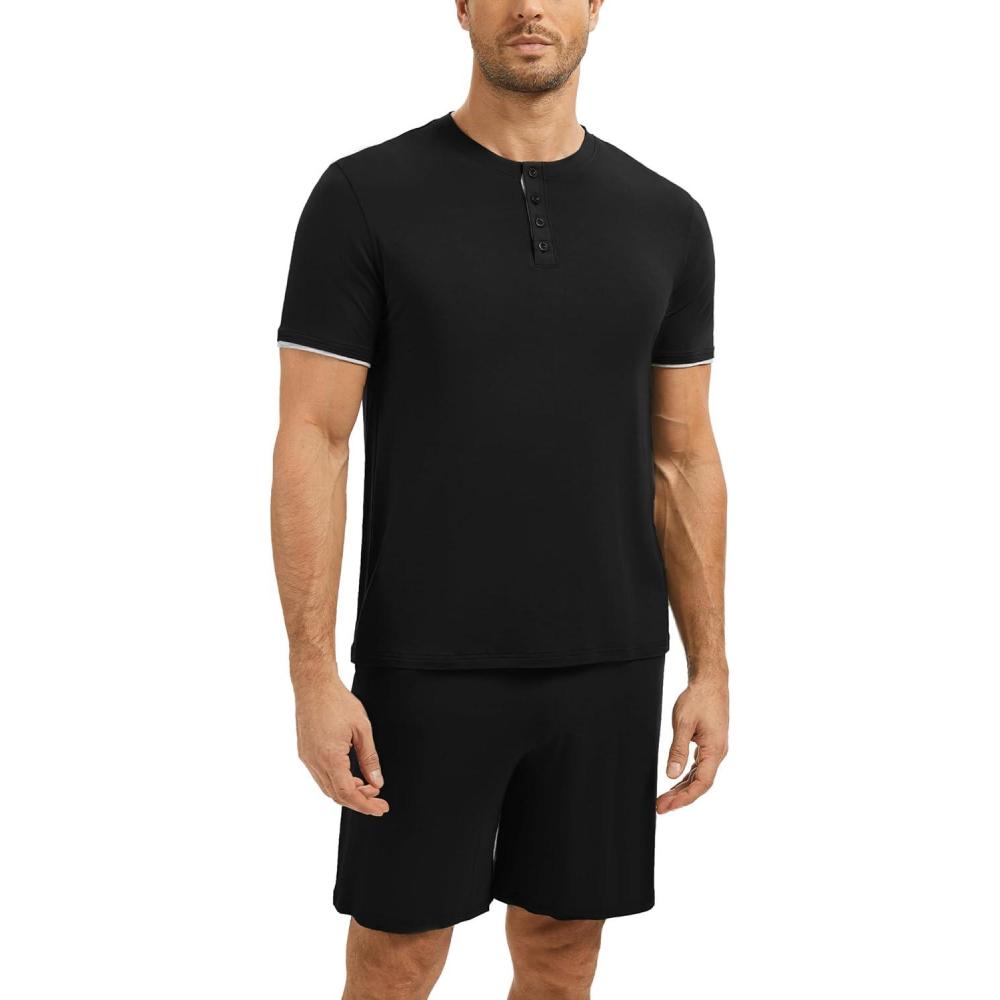 imageGYS Bamboo Viscose Mens Pajama Sets Short Sleeve Tops with Shorts 2 Pieces Sleep SetBlack