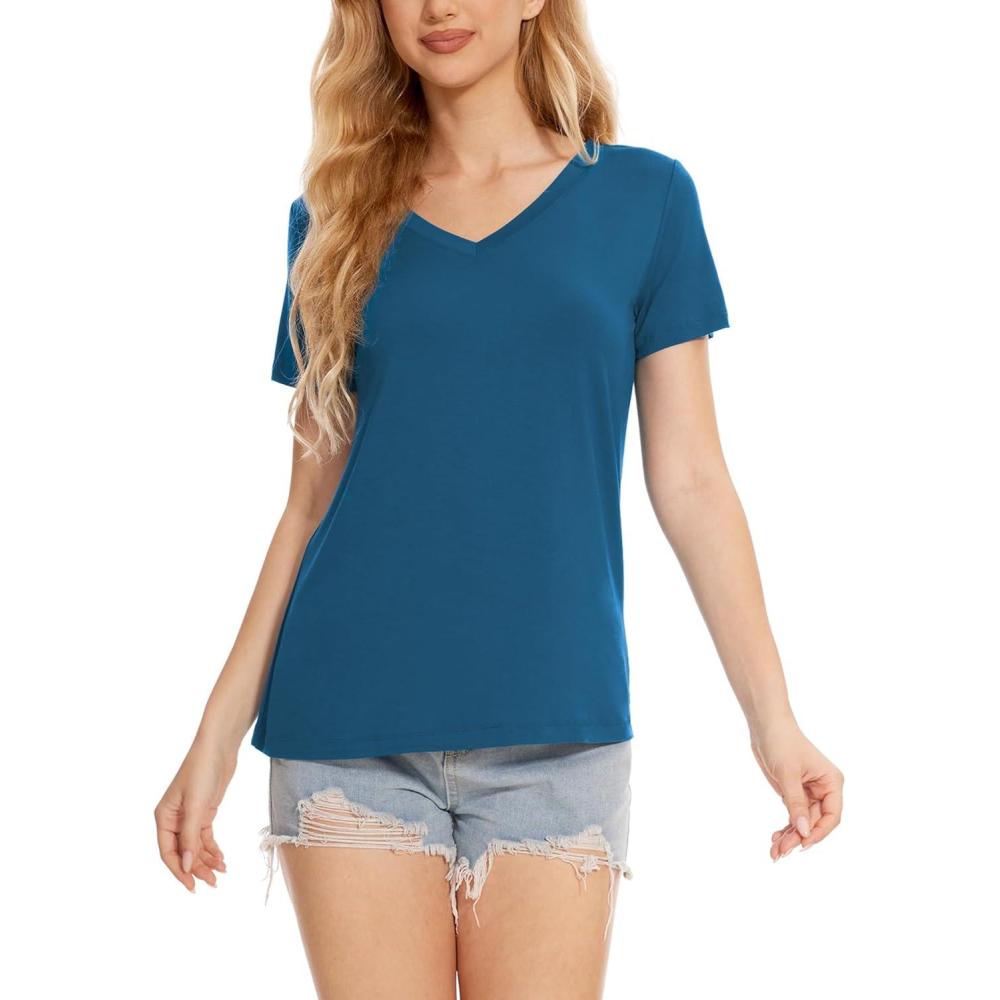 imageGYS Bamboo Viscose Pajamas Tops for Women Cooling Basic TShirt Soft Short Sleeve Sleep Shirts Lightweight Pj ShirtTeal Blue