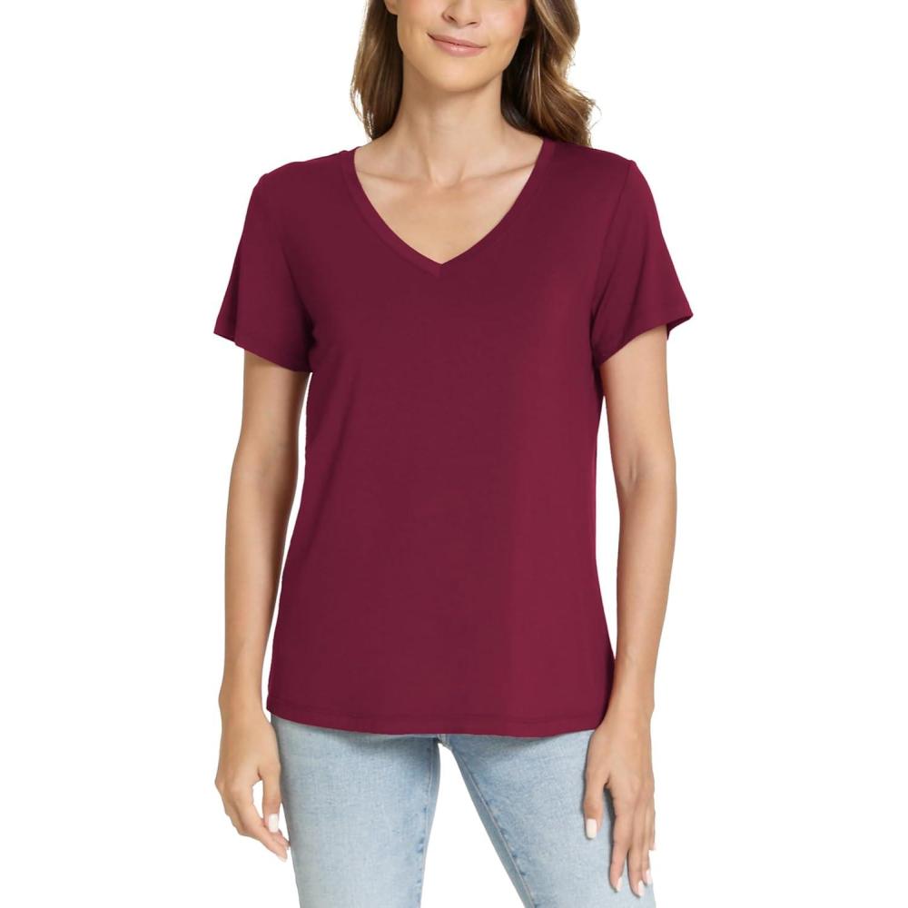 imageGYS Bamboo Viscose Pajamas Tops for Women Cooling Basic TShirt Soft Short Sleeve Sleep Shirts Lightweight Pj ShirtWine