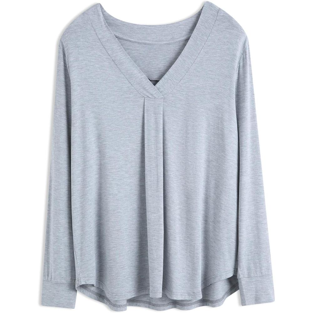 imageGYS Bamboo Viscose Sleep Shirt for Women Long Sleeve RelaxedFit Casual Tee Shirt Soft Cozy Pajama TopsHeather Grey