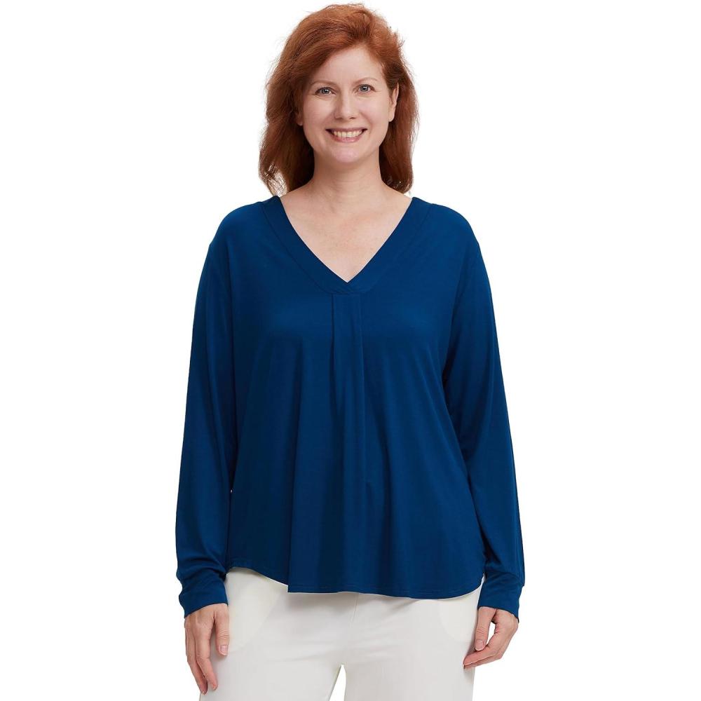 imageGYS Bamboo Viscose Sleep Shirt for Women Long Sleeve RelaxedFit Casual Tee Shirt Soft Cozy Pajama TopsInk Blue