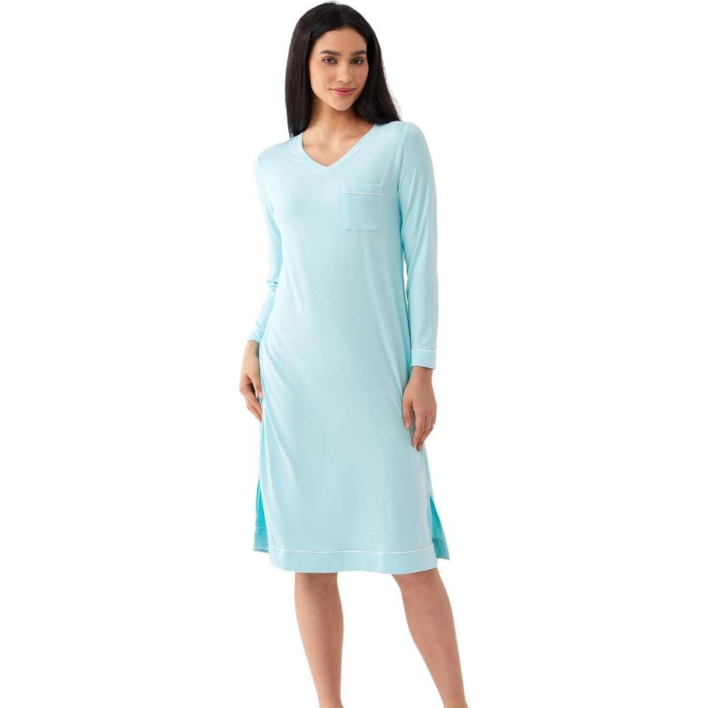 imageGYS Bamboo Viscose Soft Womens Nightgowns Comfy Long Sleeve V Neck Sleep DressAqua
