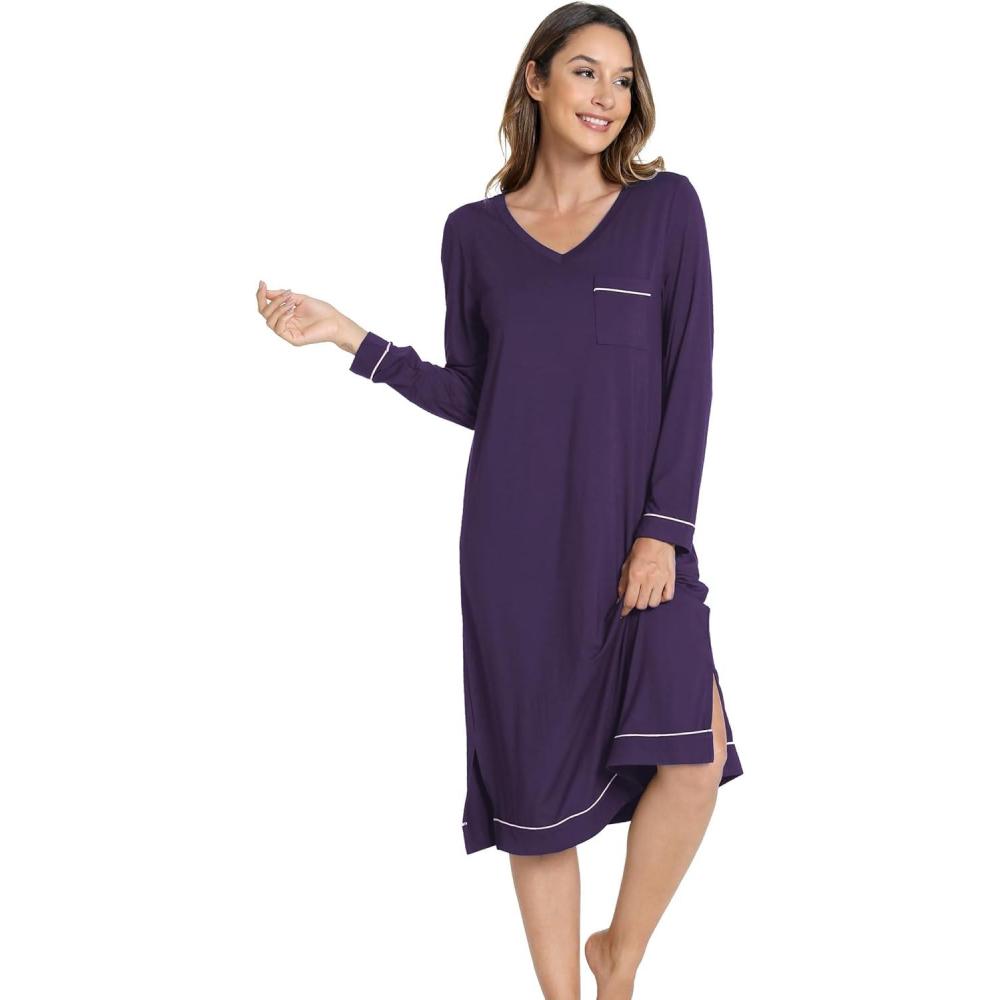 imageGYS Bamboo Viscose Soft Womens Nightgowns Comfy Long Sleeve V Neck Sleep DressDeep Purple