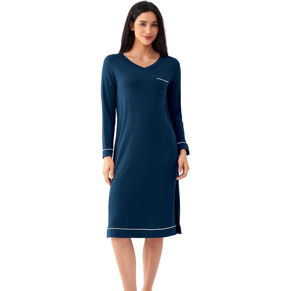 imageGYS Bamboo Viscose Soft Womens Nightgowns Comfy Long Sleeve V Neck Sleep DressInk Blue