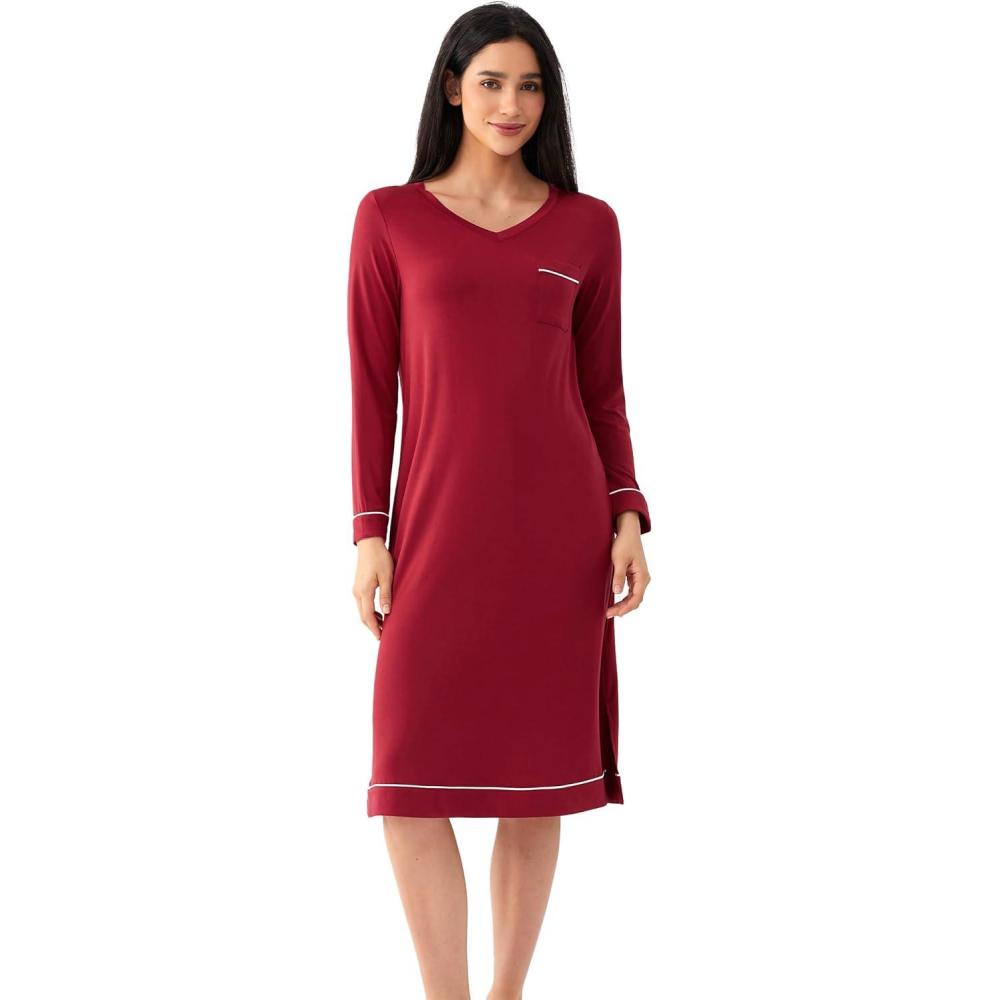 imageGYS Bamboo Viscose Soft Womens Nightgowns Comfy Long Sleeve V Neck Sleep DressWine
