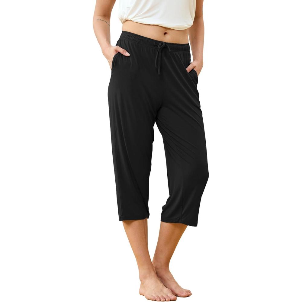 imageGYS Bamboo Viscose Women Pajama Pants Comfy Capri Lounge Pants with PocketsBlack