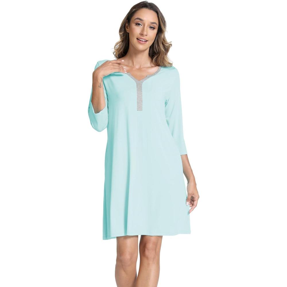 imageGYS Bamboo Viscose Womens Nightgowns 34 Sleeve V Neck Comfy Kneelength SleepwearAqua