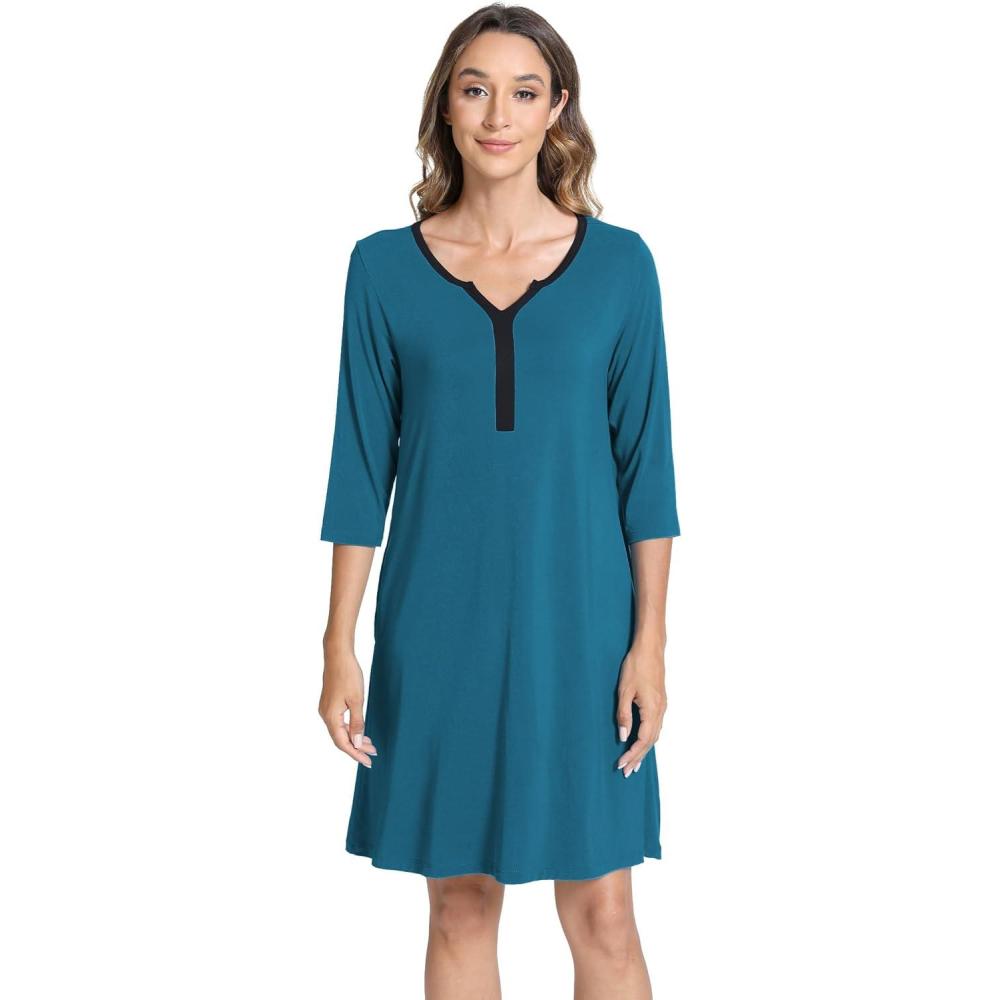 imageGYS Bamboo Viscose Womens Nightgowns 34 Sleeve V Neck Comfy Kneelength SleepwearTeal Blue