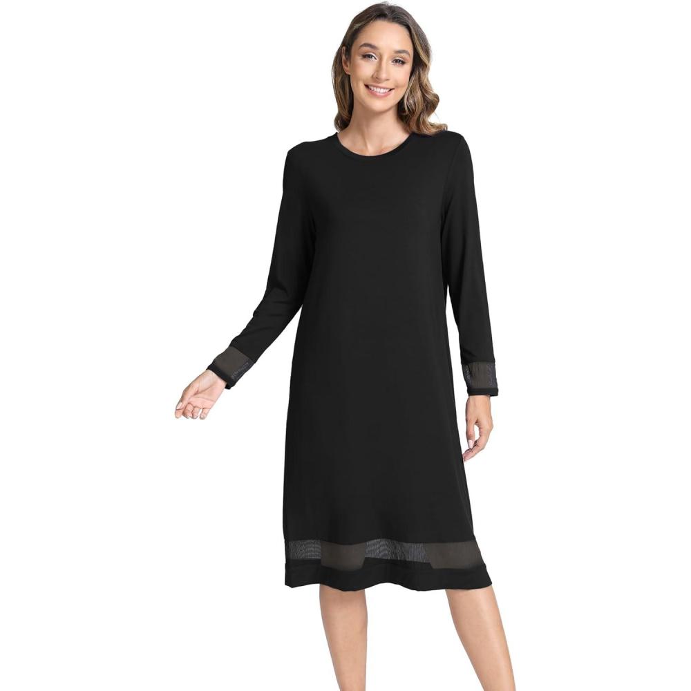 imageGYS Bamboo Viscose Womens Nightgowns Long Sleeve Spliced Lace Sleep ShirtsBlack