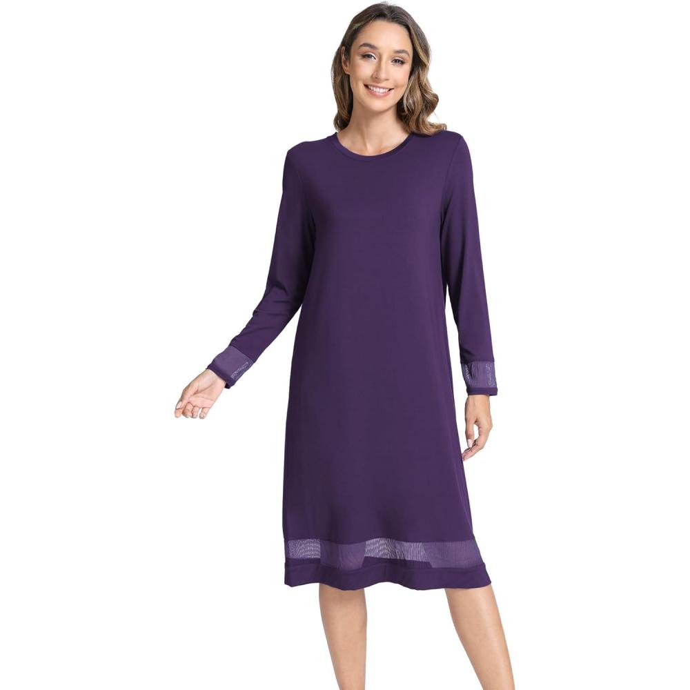 imageGYS Bamboo Viscose Womens Nightgowns Long Sleeve Spliced Lace Sleep ShirtsDeep Purple