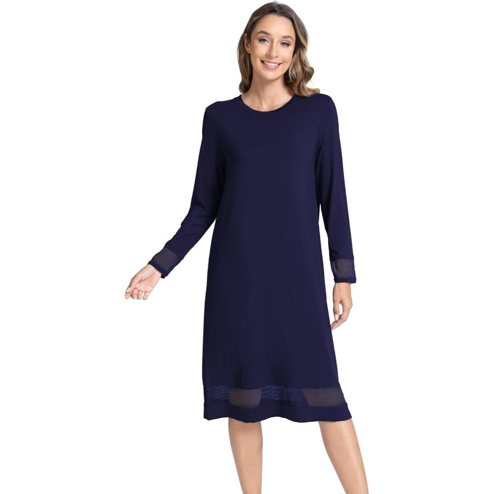 imageGYS Bamboo Viscose Womens Nightgowns Long Sleeve Spliced Lace Sleep ShirtsNavy