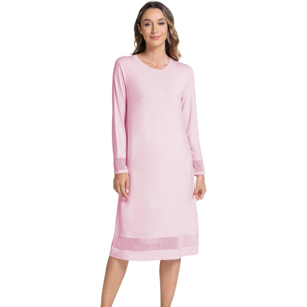 imageGYS Bamboo Viscose Womens Nightgowns Long Sleeve Spliced Lace Sleep ShirtsPink