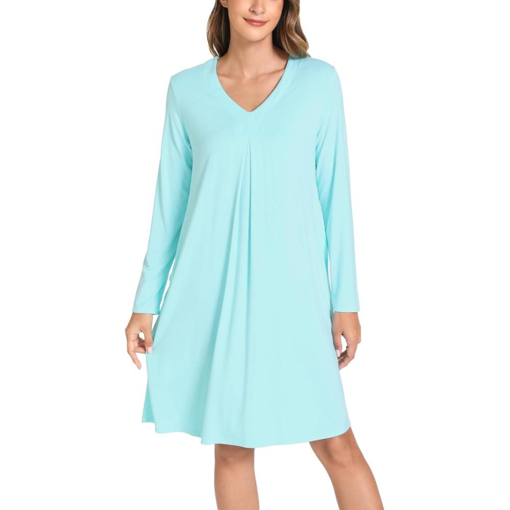imageGYS Bamboo Viscose Womens Nightgowns Long Sleeve Vneck Sleepwear with PocketsAqua