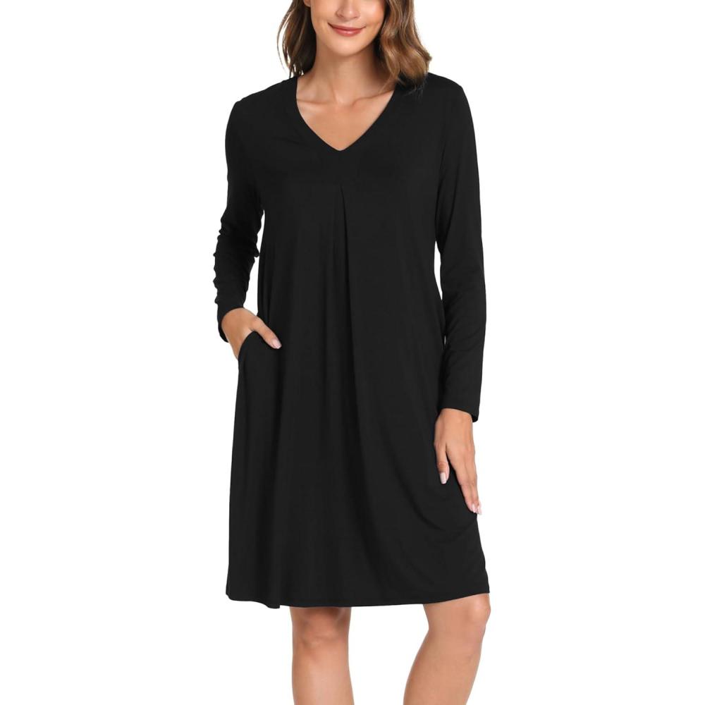 imageGYS Bamboo Viscose Womens Nightgowns Long Sleeve Vneck Sleepwear with PocketsBlack