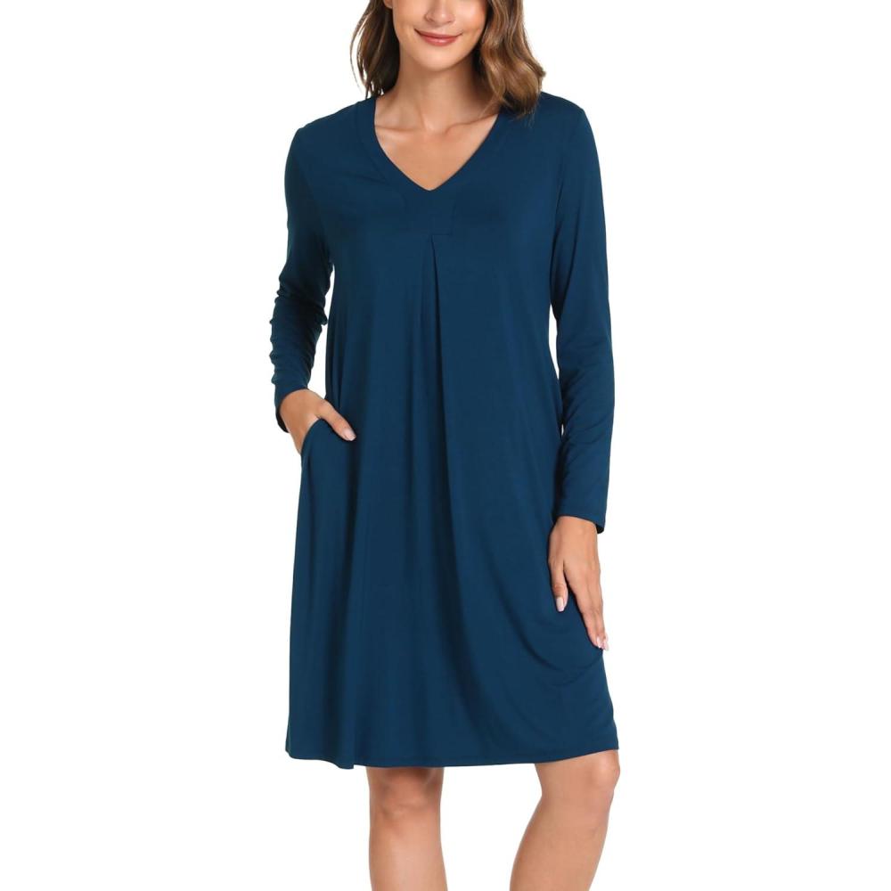 imageGYS Bamboo Viscose Womens Nightgowns Long Sleeve Vneck Sleepwear with PocketsInk Blue